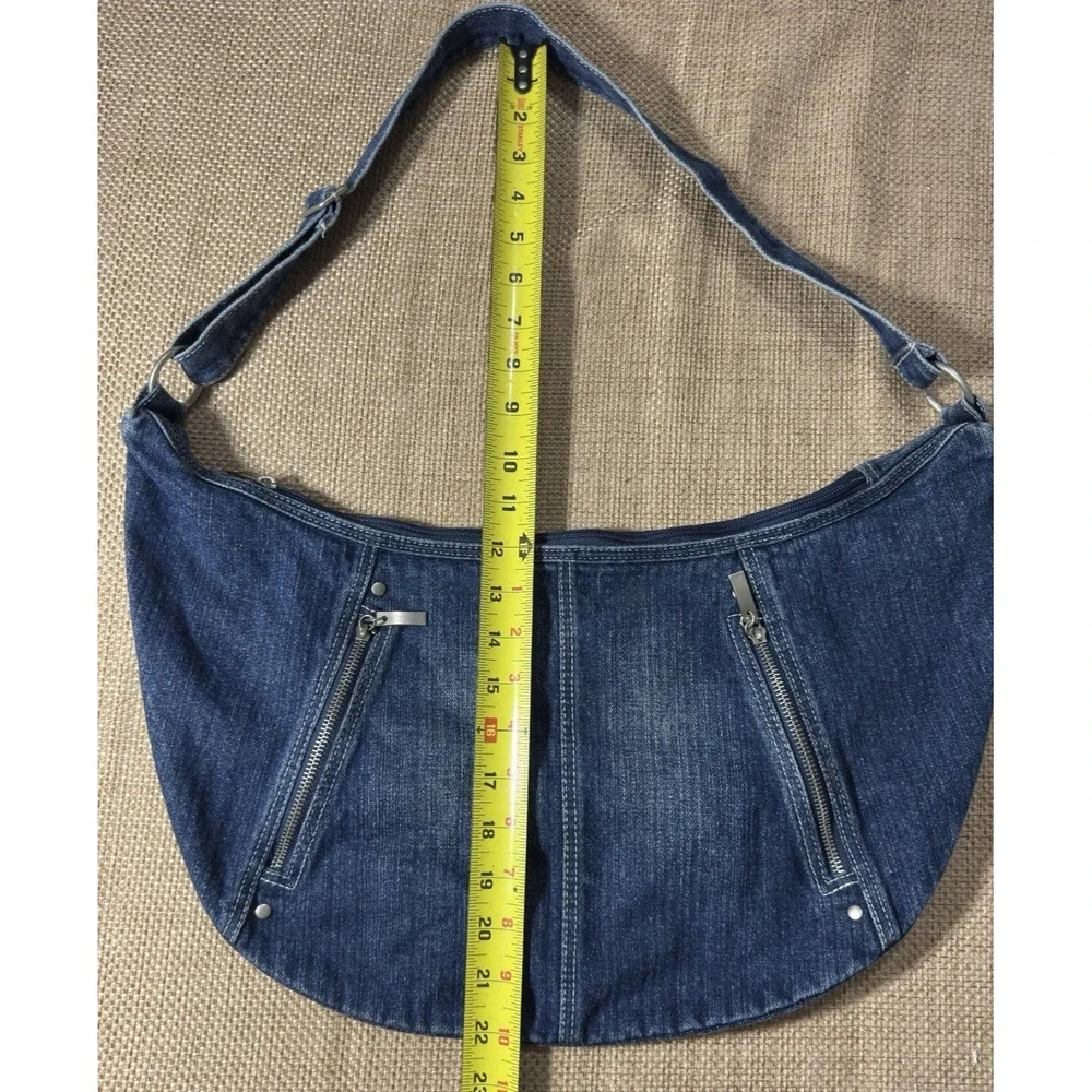 Vtg Denim Y2K Crossbody Hobo Bag Multipocket Zipper Pockets Purse 90s Retro Jean
